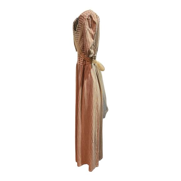 Cottagecore Coastal Neutral Feminine striped wrap puffed sleeves Maxi dress L - Picture 8 of 16